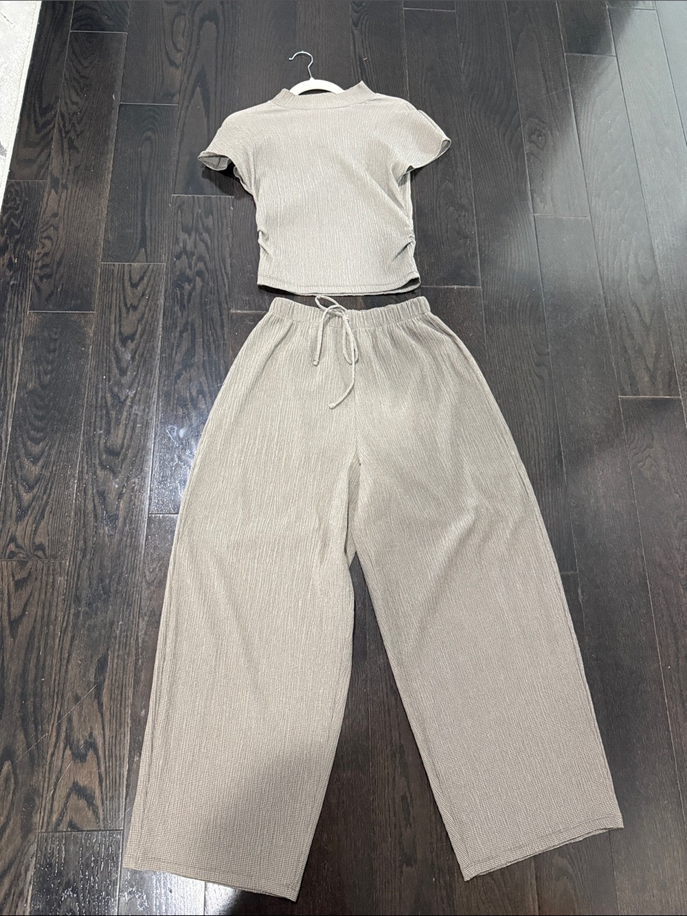 Zara Ribbed Wide-Leg Drawstring Pants & Short Sleeve Crop Top - Beige